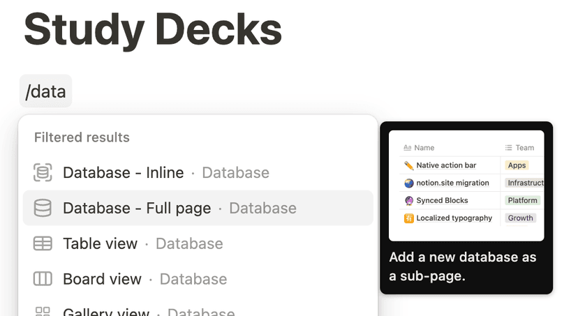 Creating a database in Notion