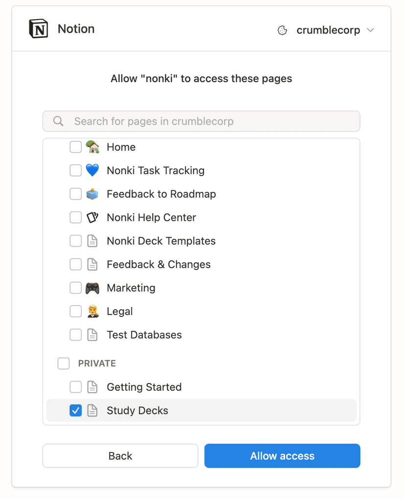 Selecting a Notion page