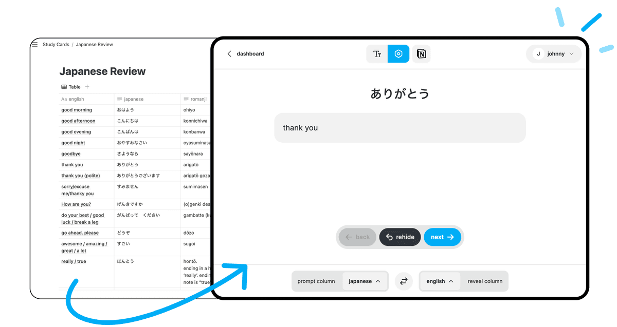 A image of Notion database converted to Nonki flashcards