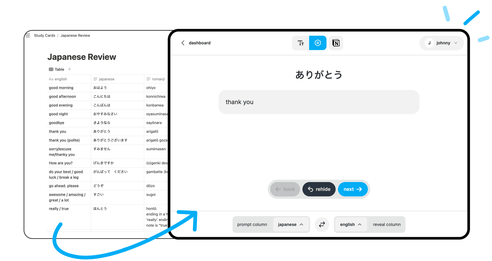 A image of Notion database converted to Nonki flashcards